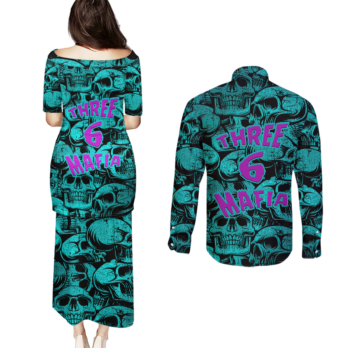 Three 6 Mafia Skull Couples Matching Puletasi Dress and Long Sleeve Button Shirts Three 6 Mafia - Wonder Print Shop