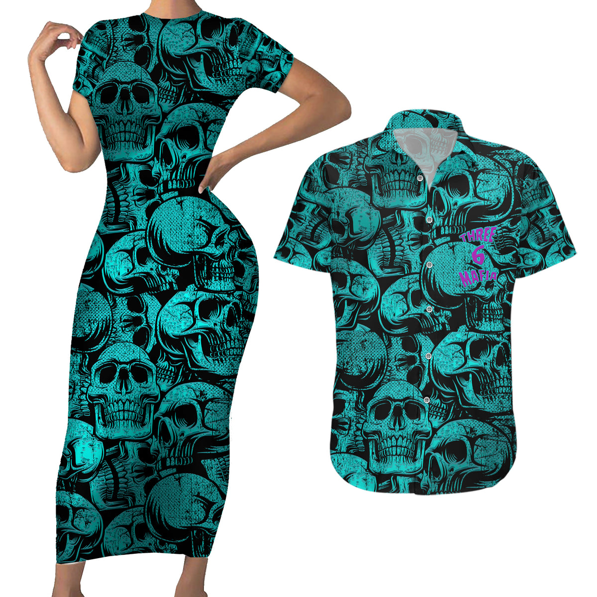 Three 6 Mafia Skull Couples Matching Short Sleeve Bodycon Dress and Hawaiian Shirt Three 6 Mafia - Wonder Print Shop