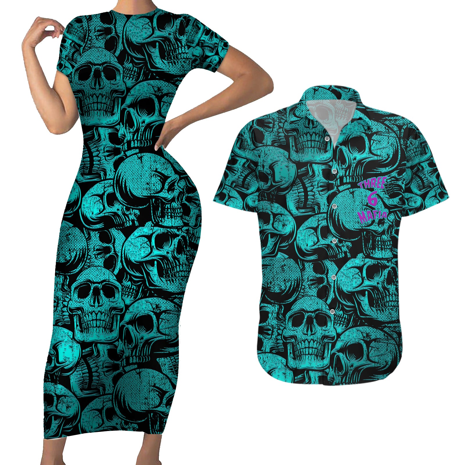 Three 6 Mafia Skull Couples Matching Short Sleeve Bodycon Dress and Hawaiian Shirt Three 6 Mafia - Wonder Print Shop