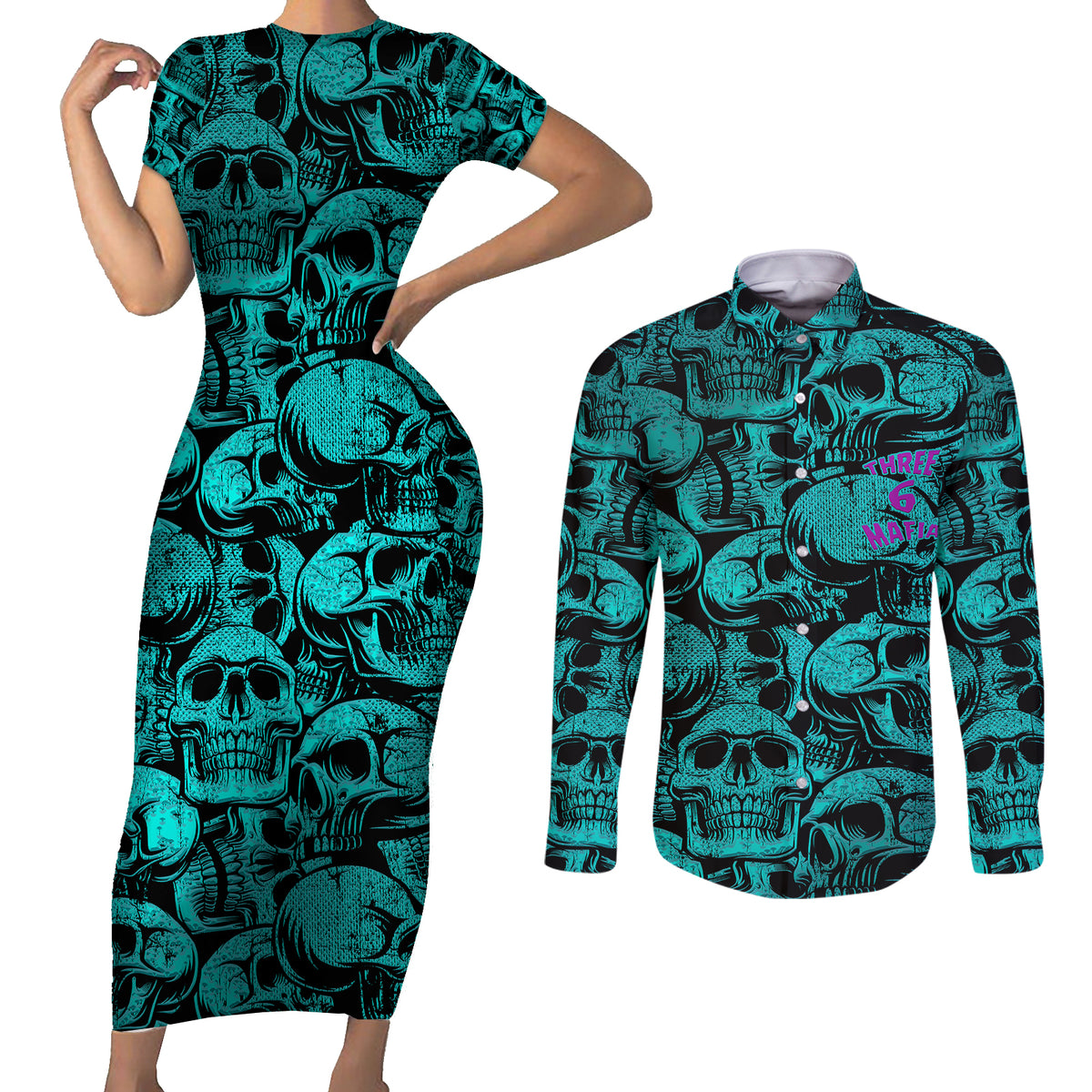 Three 6 Mafia Skull Couples Matching Short Sleeve Bodycon Dress and Long Sleeve Button Shirts Three 6 Mafia - Wonder Print Shop