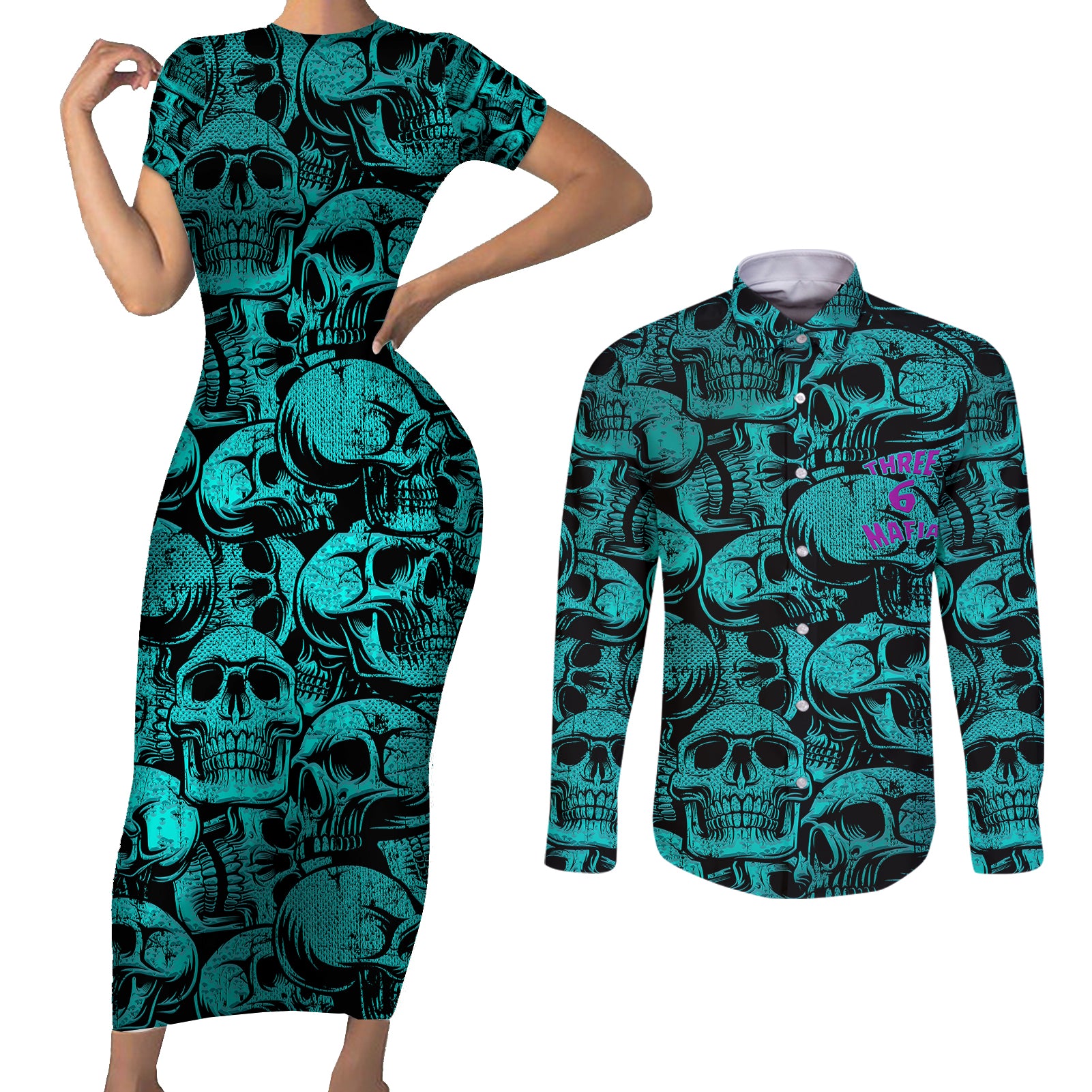 Three 6 Mafia Skull Couples Matching Short Sleeve Bodycon Dress and Long Sleeve Button Shirts Three 6 Mafia - Wonder Print Shop