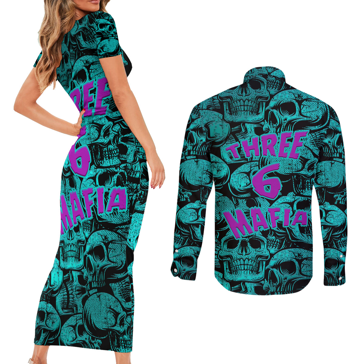 Three 6 Mafia Skull Couples Matching Short Sleeve Bodycon Dress and Long Sleeve Button Shirts Three 6 Mafia - Wonder Print Shop