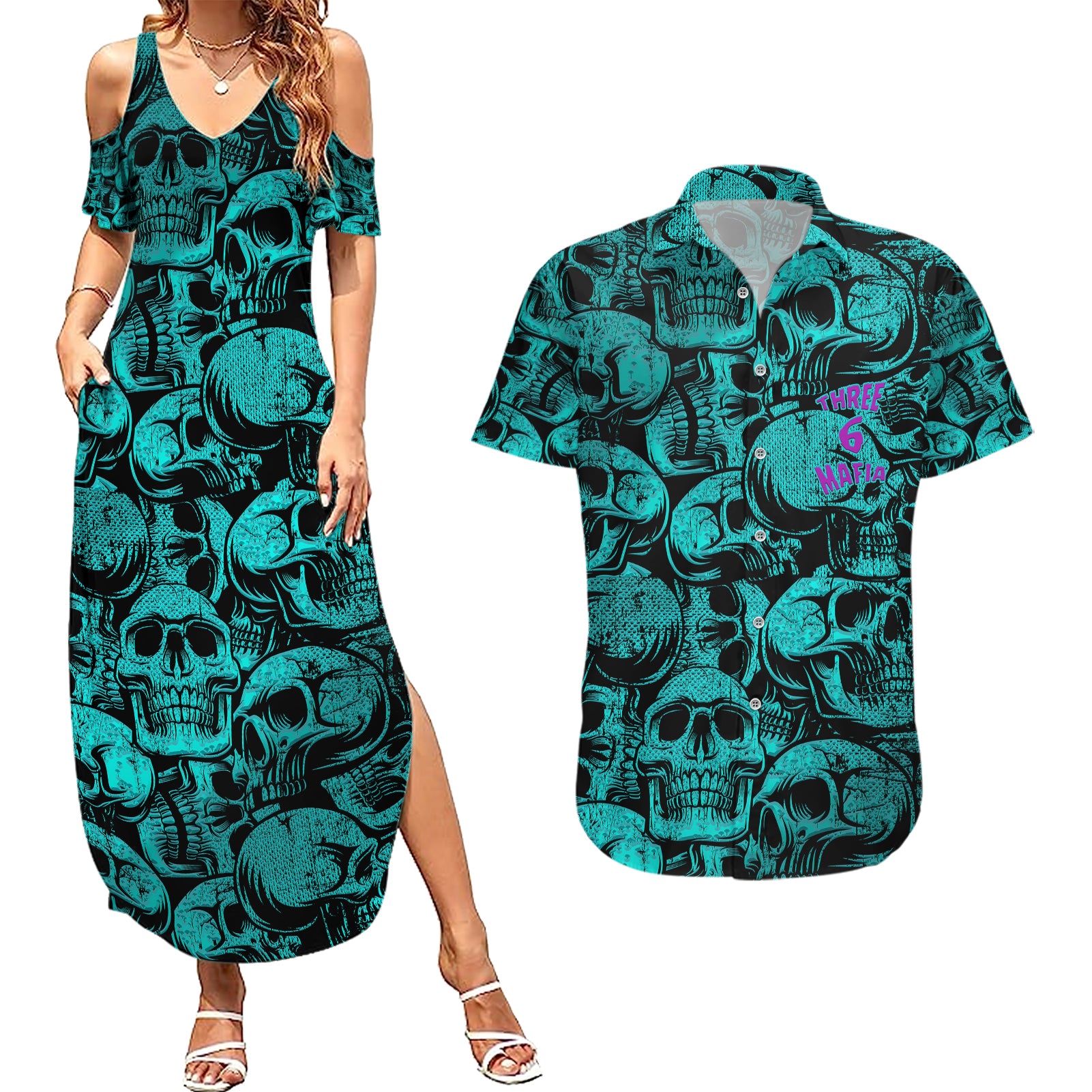 Three 6 Mafia Skull Couples Matching Summer Maxi Dress and Hawaiian Shirt Three 6 Mafia - Wonder Print Shop