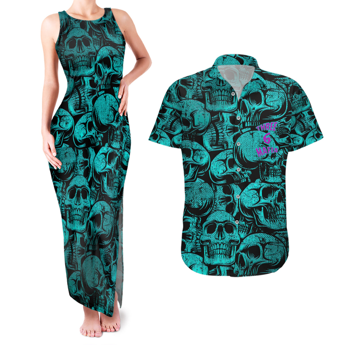 Three 6 Mafia Skull Couples Matching Tank Maxi Dress and Hawaiian Shirt Three 6 Mafia - Wonder Print Shop