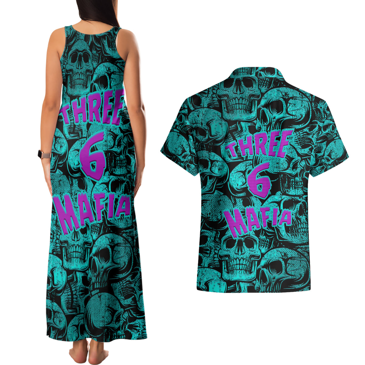 Three 6 Mafia Skull Couples Matching Tank Maxi Dress and Hawaiian Shirt Three 6 Mafia - Wonder Print Shop