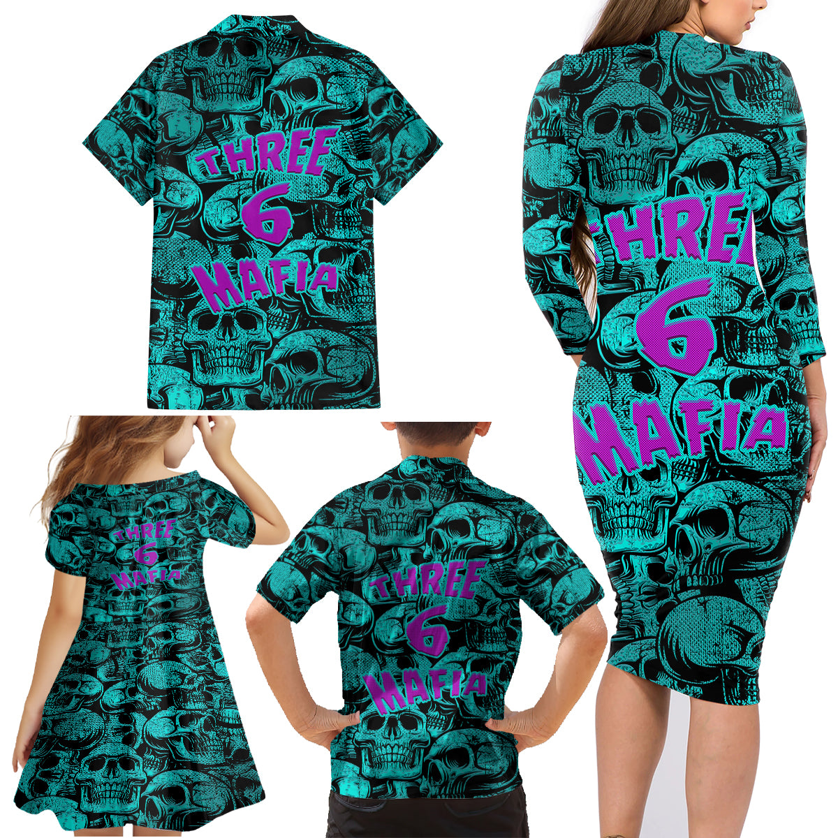 Three 6 Mafia Skull Family Matching Long Sleeve Bodycon Dress and Hawaiian Shirt Three 6 Mafia - Wonder Print Shop