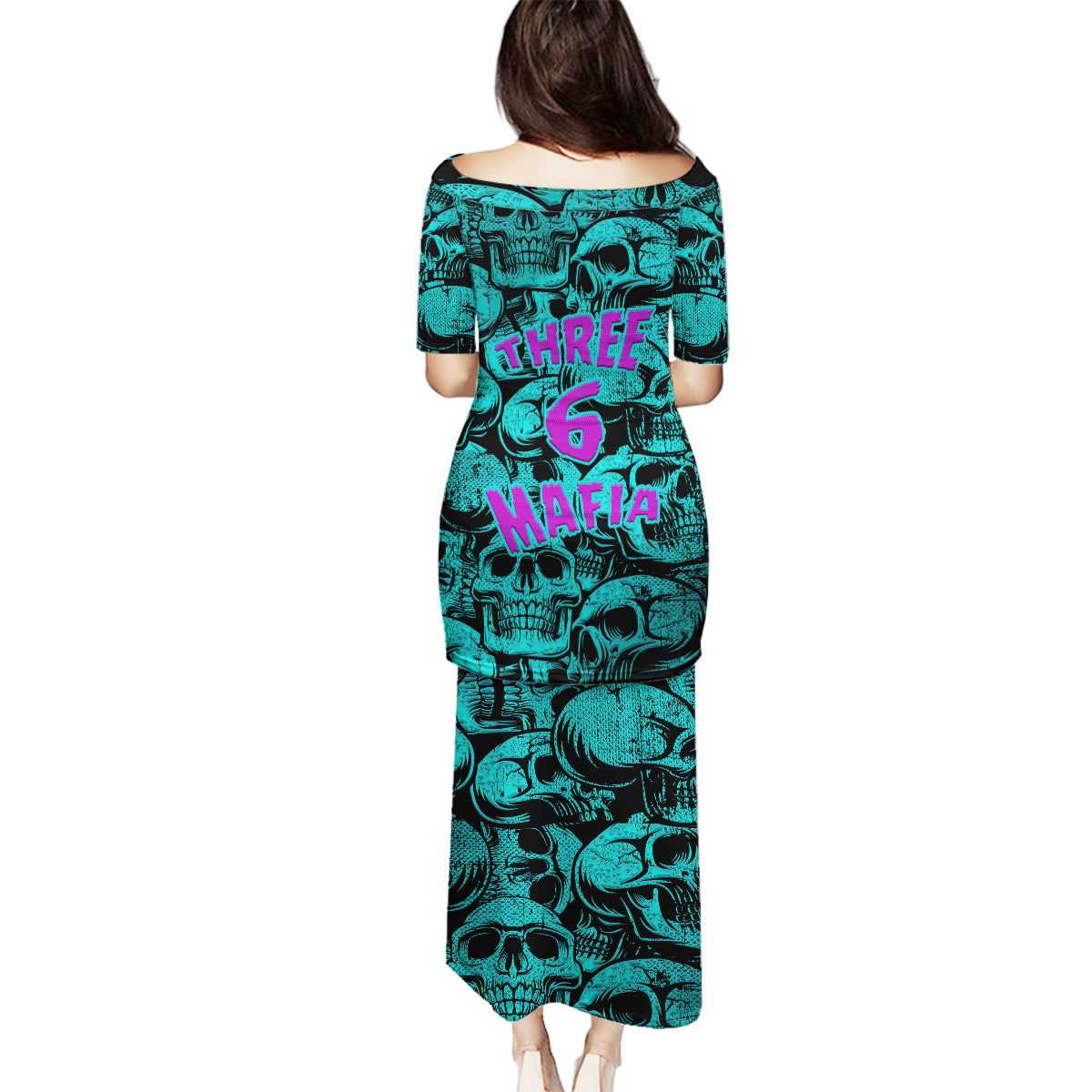 Three 6 Mafia Skull Family Matching Puletasi Dress and Hawaiian Shirt Three 6 Mafia - Wonder Print Shop