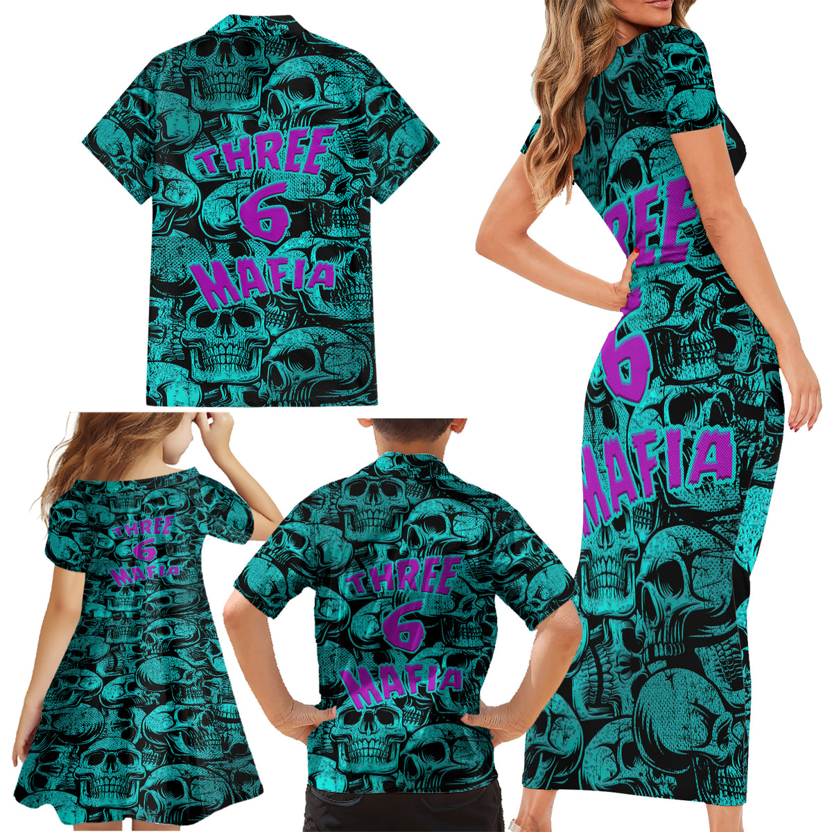 Three 6 Mafia Skull Family Matching Short Sleeve Bodycon Dress and Hawaiian Shirt Three 6 Mafia - Wonder Print Shop