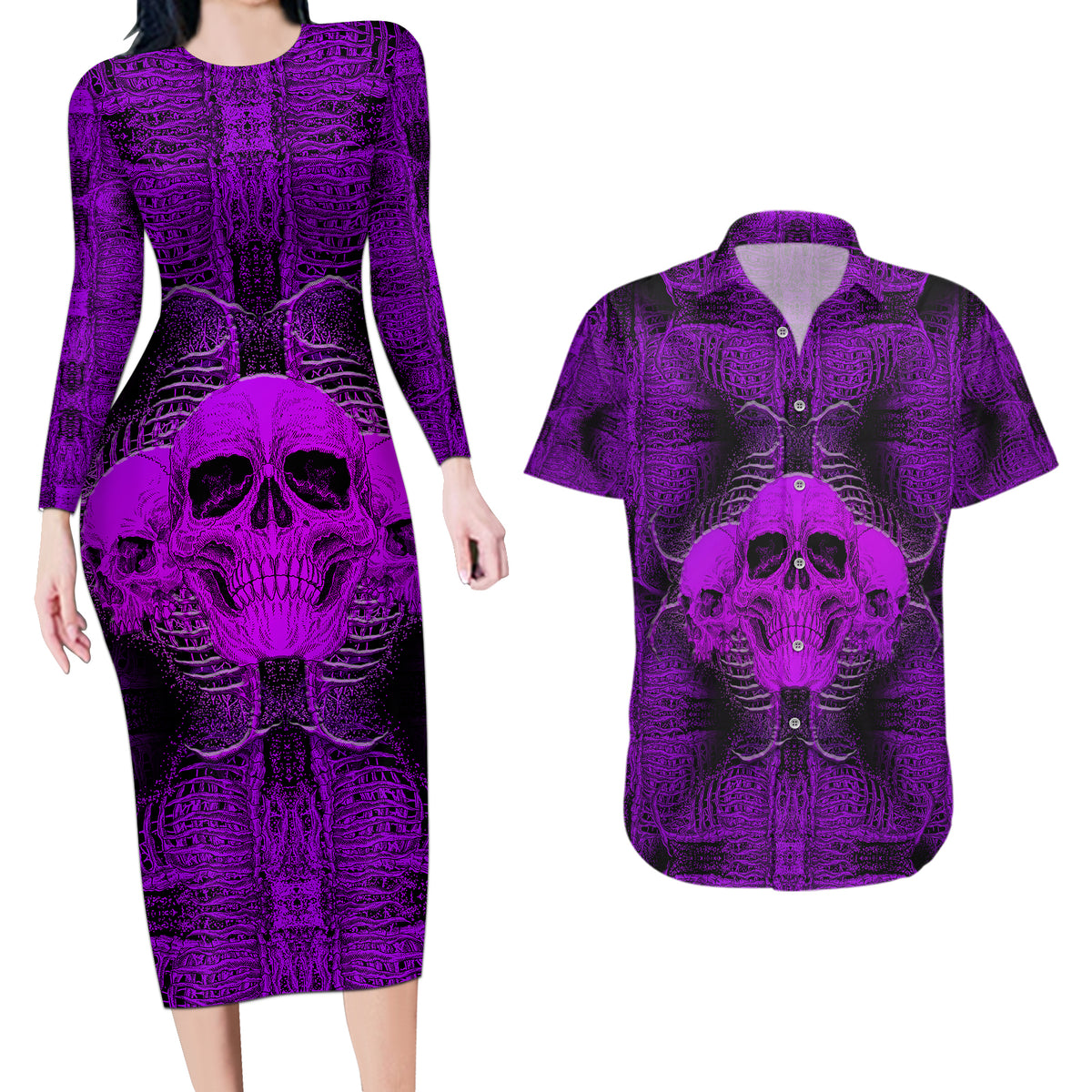 Skull Pattern Couples Matching Long Sleeve Bodycon Dress and Hawaiian Shirt I Am Who I Am Your Approval Isn't Needed - Wonder Print Shop