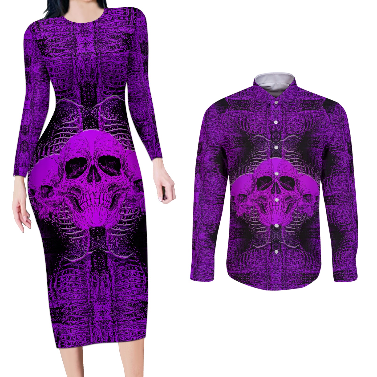 Skull Pattern Couples Matching Long Sleeve Bodycon Dress and Long Sleeve Button Shirts I Am Who I Am Your Approval Isn't Needed - Wonder Print Shop