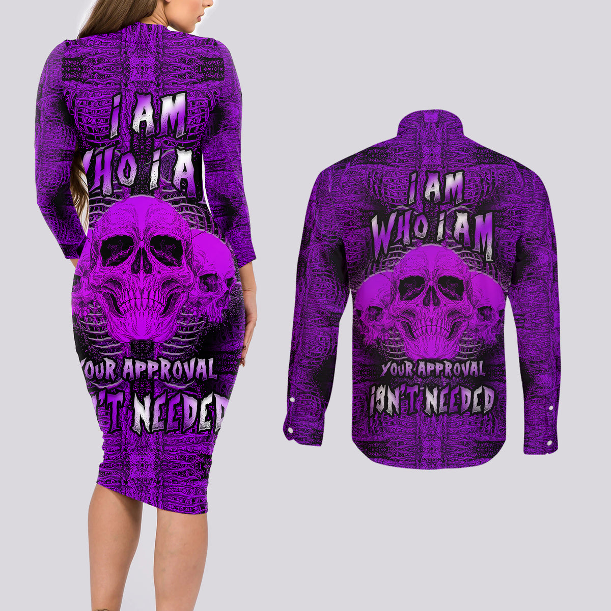 Skull Pattern Couples Matching Long Sleeve Bodycon Dress and Long Sleeve Button Shirts I Am Who I Am Your Approval Isn't Needed - Wonder Print Shop