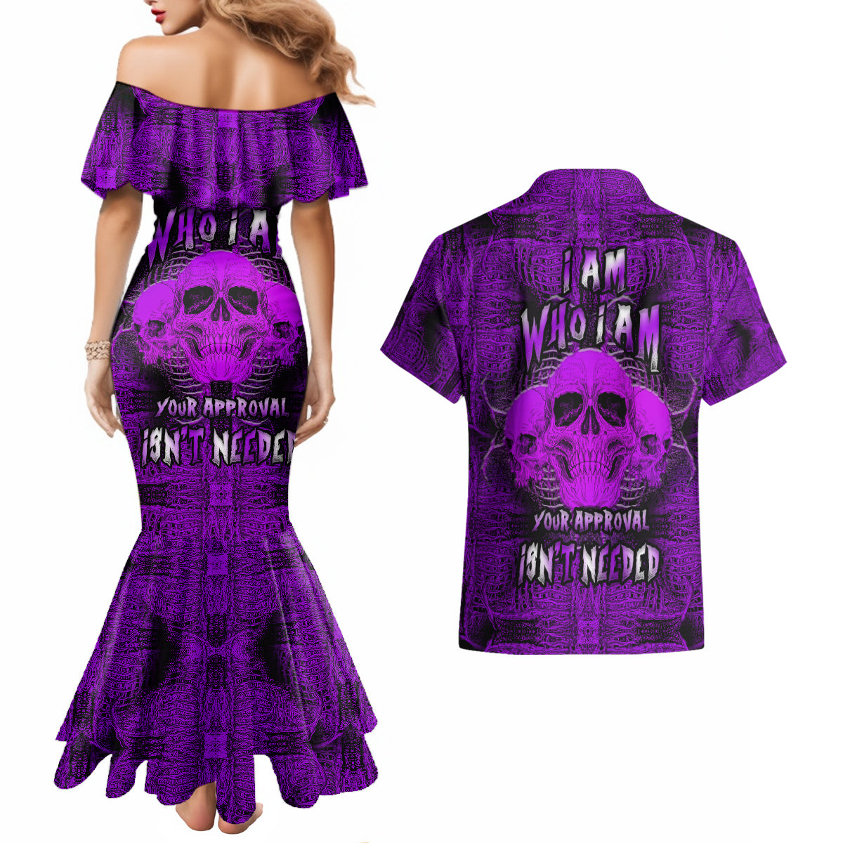 Skull Pattern Couples Matching Mermaid Dress and Hawaiian Shirt I Am Who I Am Your Approval Isn't Needed - Wonder Print Shop