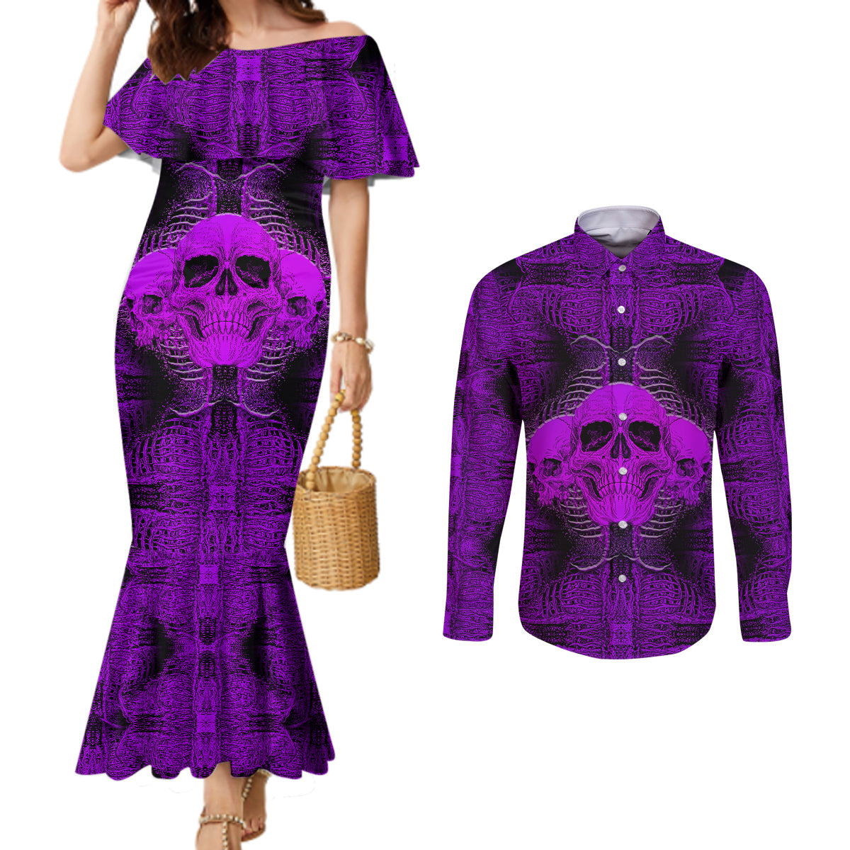 skull-pattern-couples-matching-mermaid-dress-and-long-sleeve-button-shirts-i-am-who-i-am-your-approval-isnt-needed