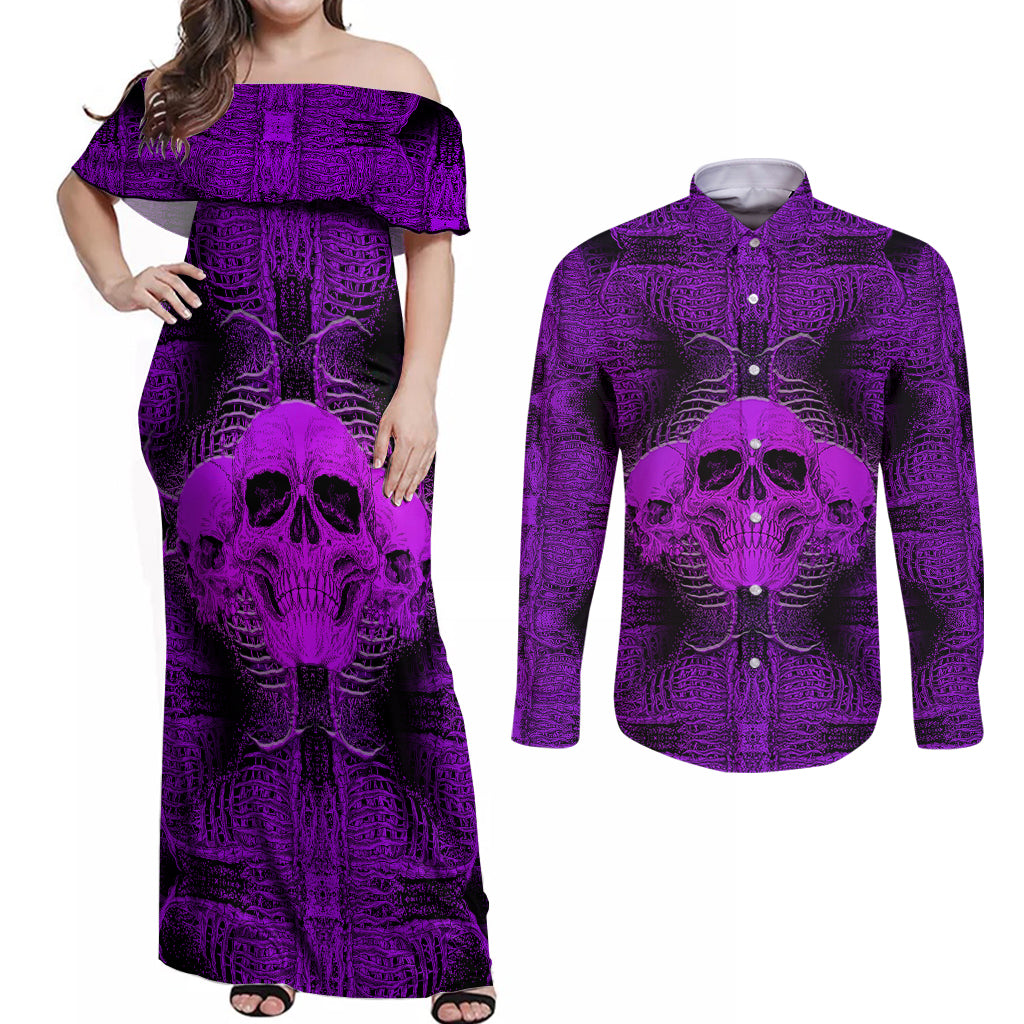 Skull Pattern Couples Matching Off Shoulder Maxi Dress and Long Sleeve Button Shirts I Am Who I Am Your Approval Isn't Needed - Wonder Print Shop