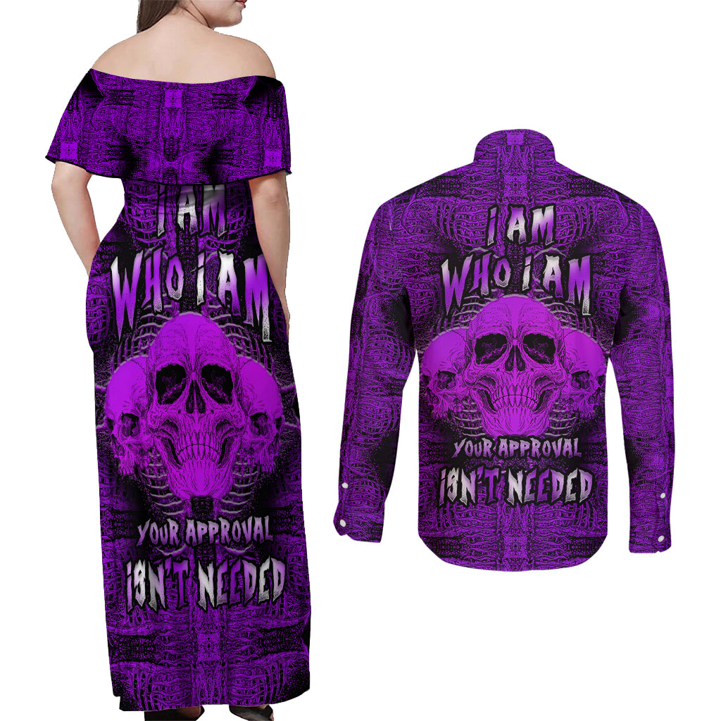 Skull Pattern Couples Matching Off Shoulder Maxi Dress and Long Sleeve Button Shirts I Am Who I Am Your Approval Isn't Needed - Wonder Print Shop