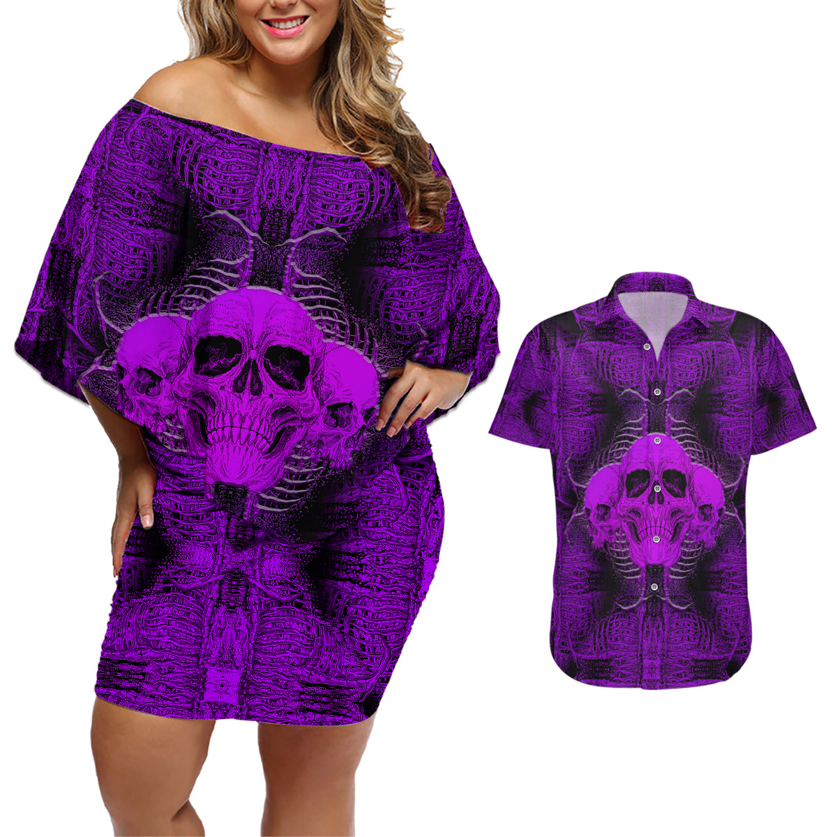 Skull Pattern Couples Matching Off Shoulder Short Dress and Hawaiian Shirt I Am Who I Am Your Approval Isn't Needed - Wonder Print Shop