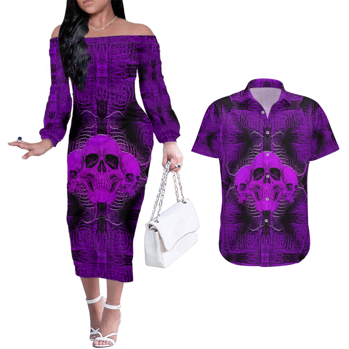 Skull Pattern Couples Matching Off The Shoulder Long Sleeve Dress and Hawaiian Shirt I Am Who I Am Your Approval Isn't Needed - Wonder Print Shop
