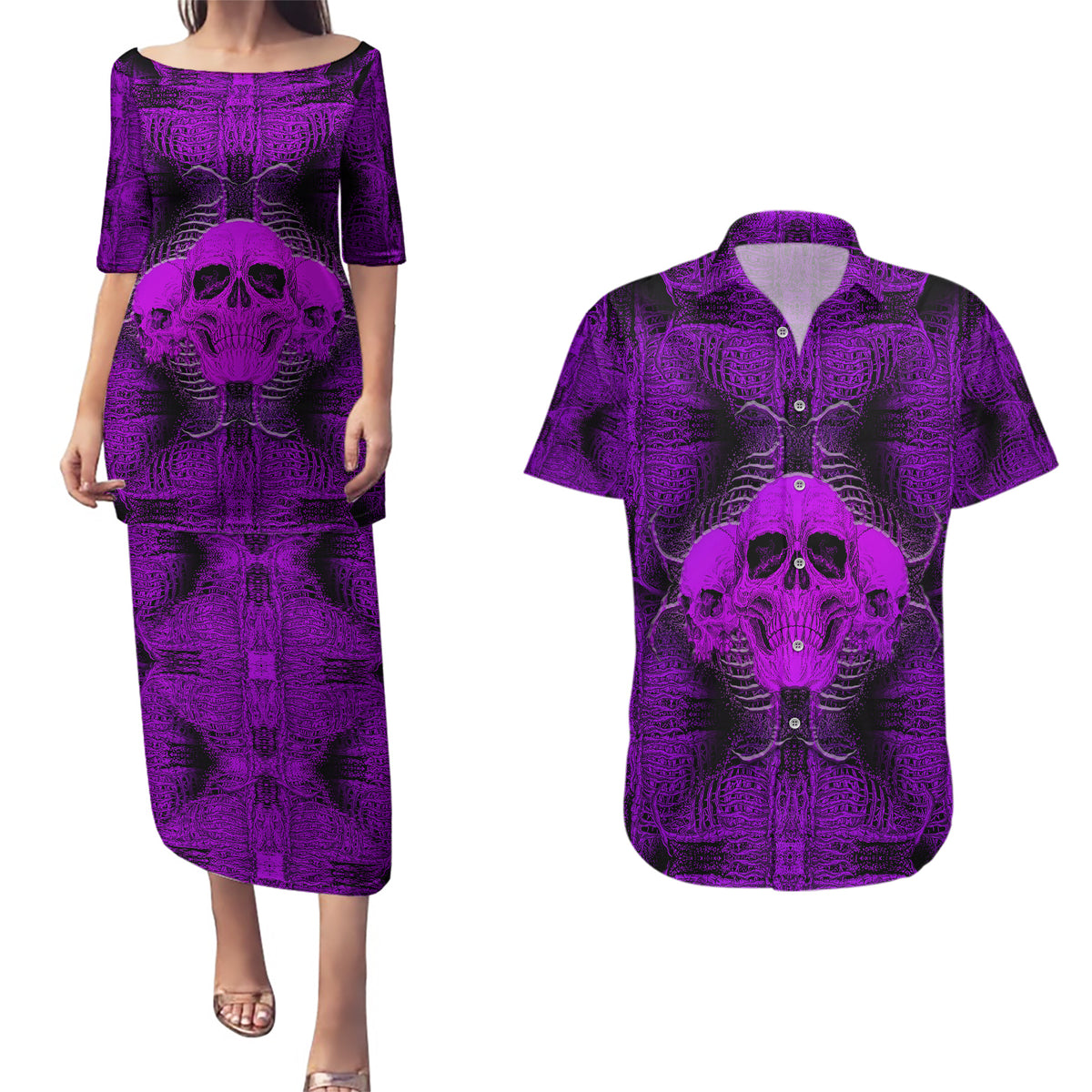 Skull Pattern Couples Matching Puletasi Dress and Hawaiian Shirt I Am Who I Am Your Approval Isn't Needed - Wonder Print Shop