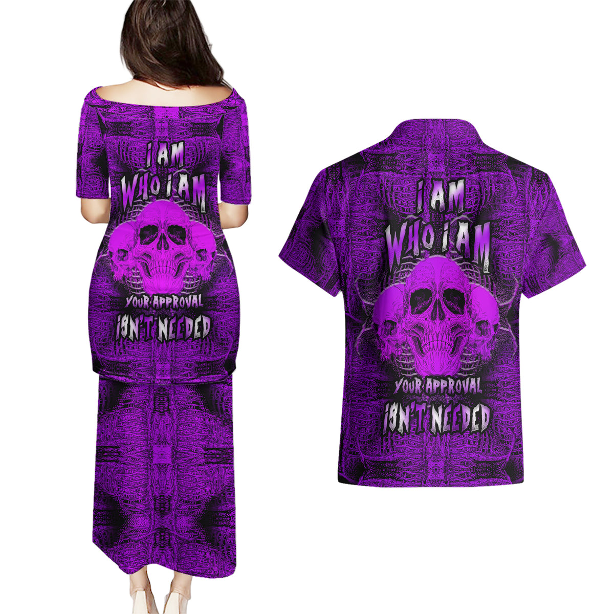 Skull Pattern Couples Matching Puletasi Dress and Hawaiian Shirt I Am Who I Am Your Approval Isn't Needed - Wonder Print Shop