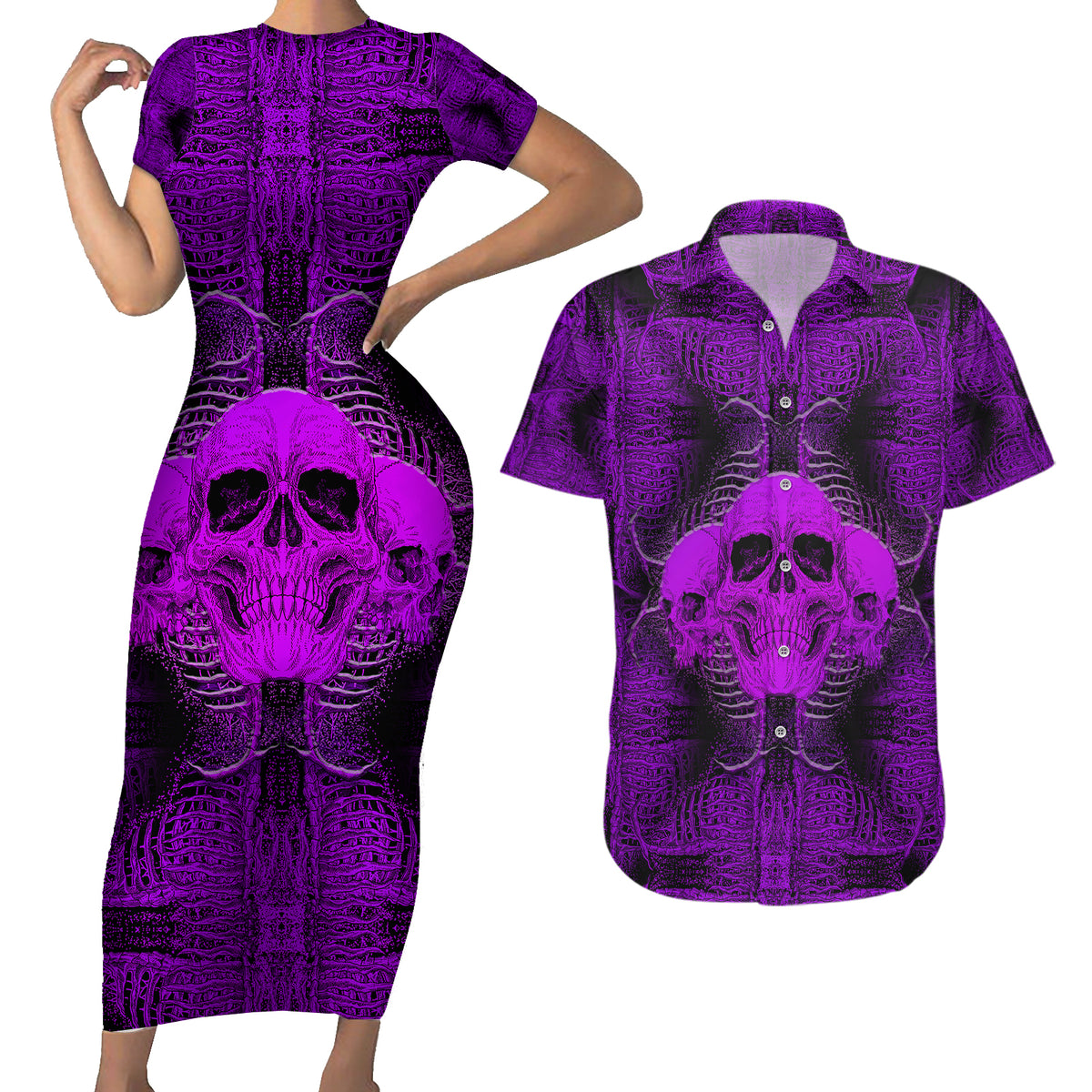Skull Pattern Couples Matching Short Sleeve Bodycon Dress and Hawaiian Shirt I Am Who I Am Your Approval Isn't Needed - Wonder Print Shop