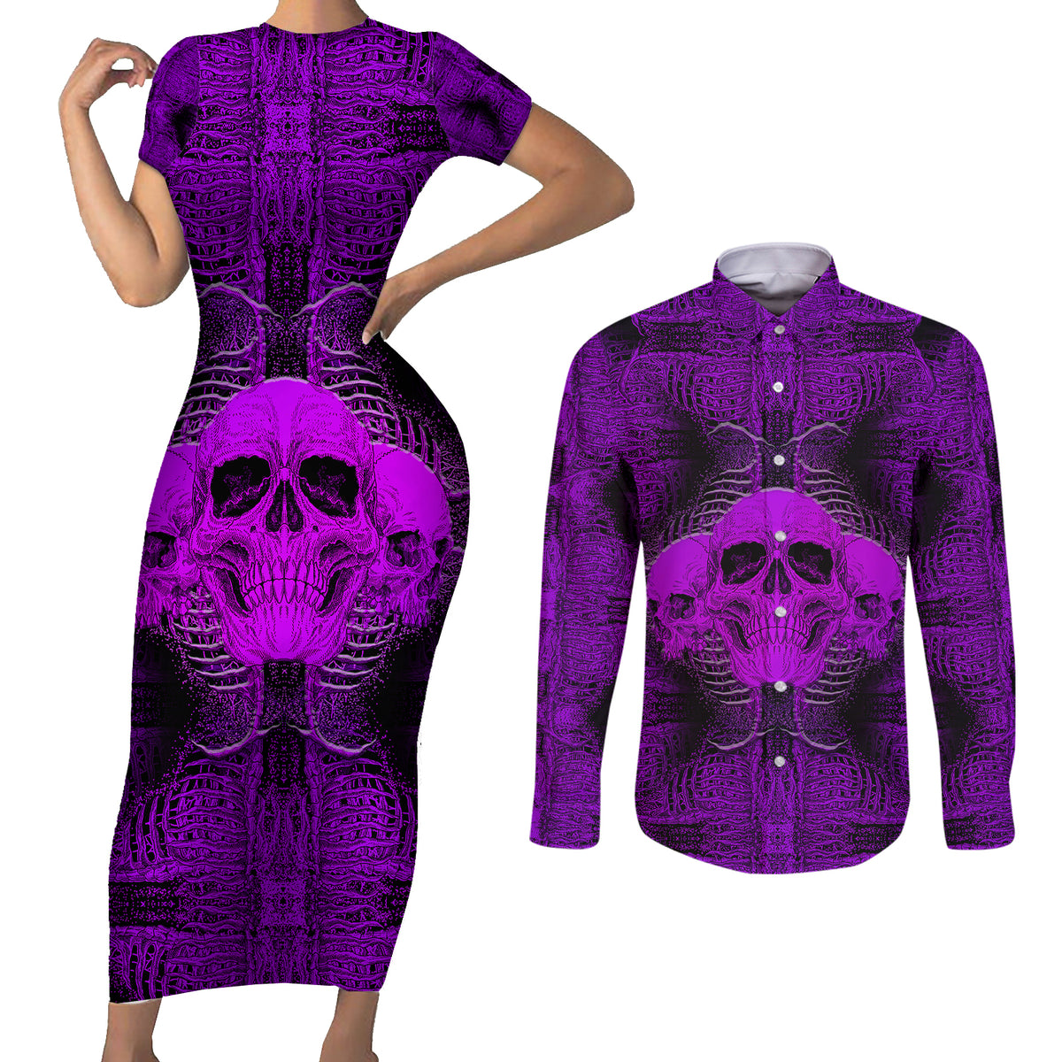 Skull Pattern Couples Matching Short Sleeve Bodycon Dress and Long Sleeve Button Shirts I Am Who I Am Your Approval Isn't Needed - Wonder Print Shop