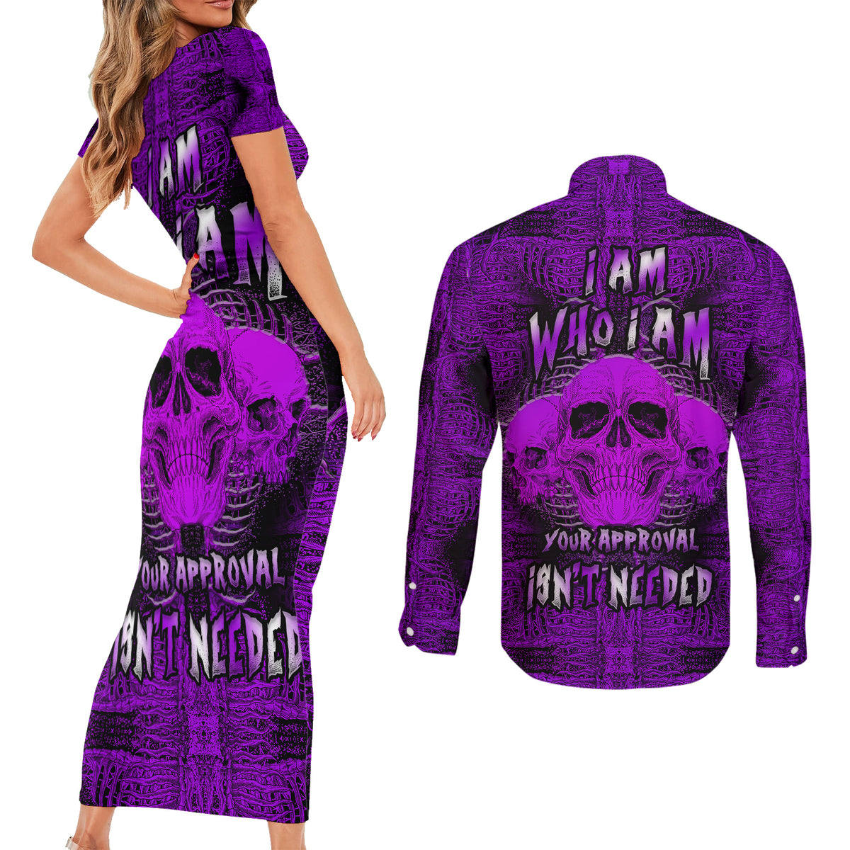 Skull Pattern Couples Matching Short Sleeve Bodycon Dress and Long Sleeve Button Shirts I Am Who I Am Your Approval Isn't Needed - Wonder Print Shop