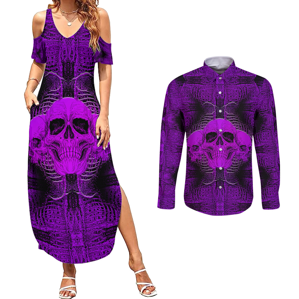 Skull Pattern Couples Matching Summer Maxi Dress and Long Sleeve Button Shirts I Am Who I Am Your Approval Isn't Needed - Wonder Print Shop
