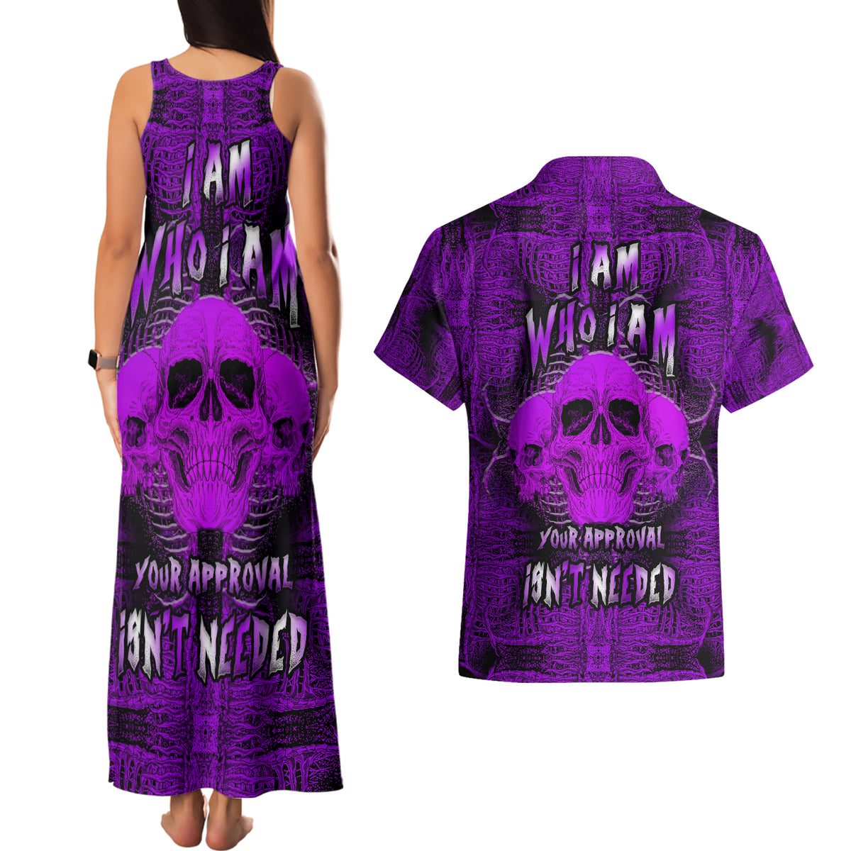 Skull Pattern Couples Matching Tank Maxi Dress and Hawaiian Shirt I Am Who I Am Your Approval Isn't Needed - Wonder Print Shop