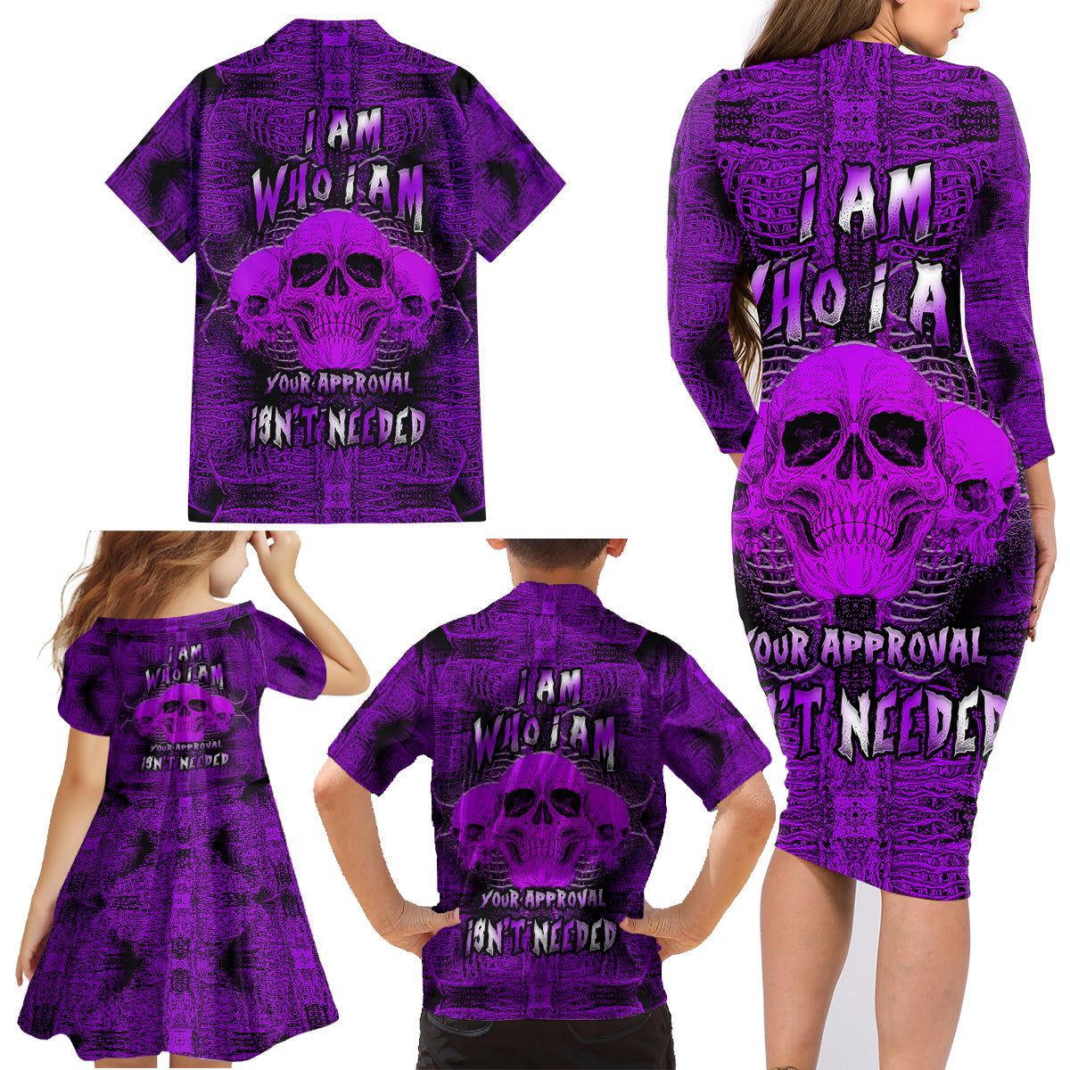 Skull Pattern Family Matching Long Sleeve Bodycon Dress and Hawaiian Shirt I Am Who I Am Your Approval Isn't Needed - Wonder Print Shop