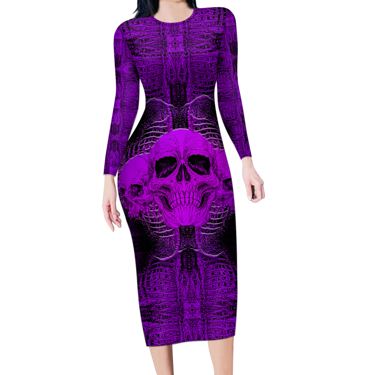 Skull Pattern Long Sleeve Bodycon Dress I Am Who I Am Your Approval Isn't Needed - Wonder Print Shop
