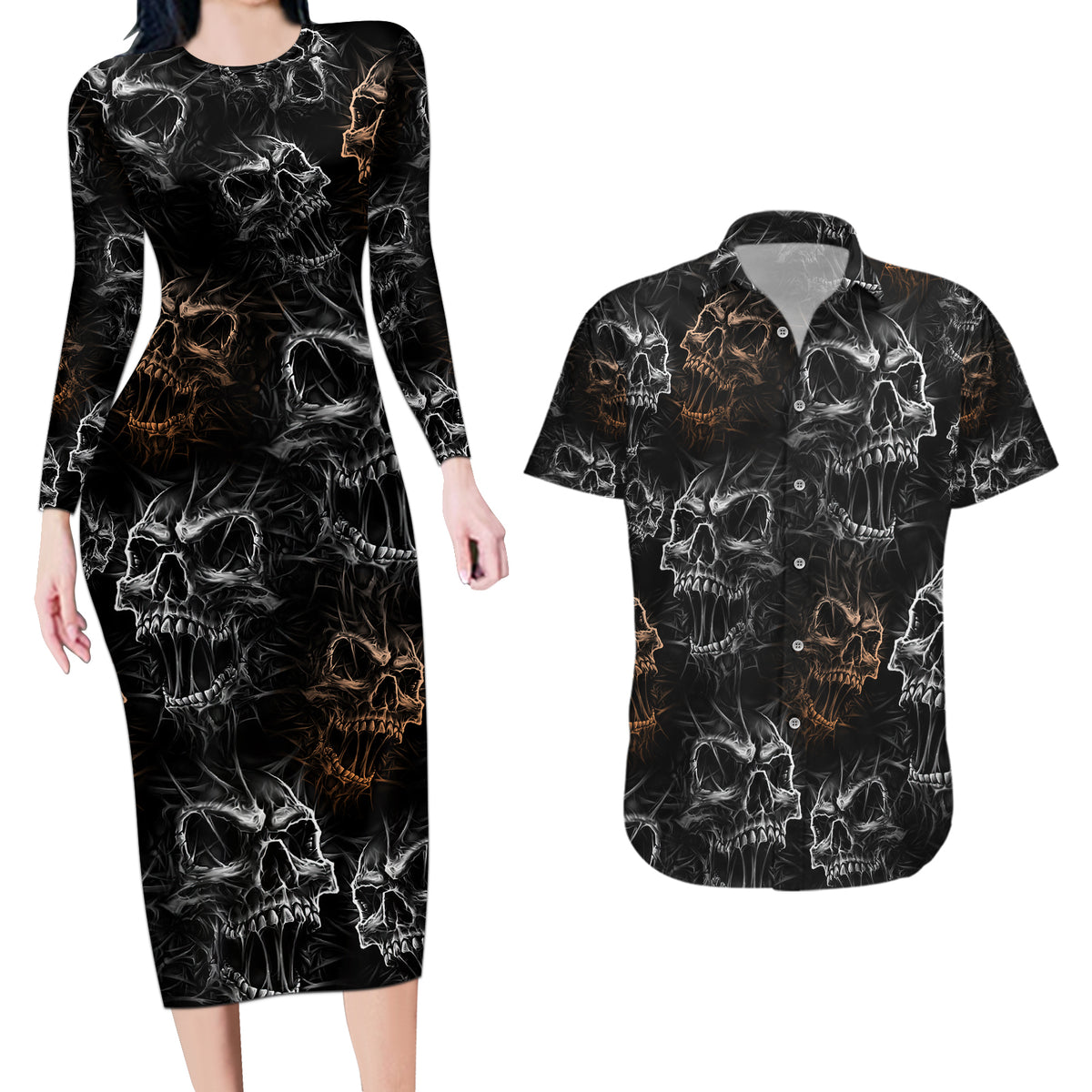 Skull Pattern Couples Matching Long Sleeve Bodycon Dress and Hawaiian Shirt Never Trust The Living - Wonder Print Shop