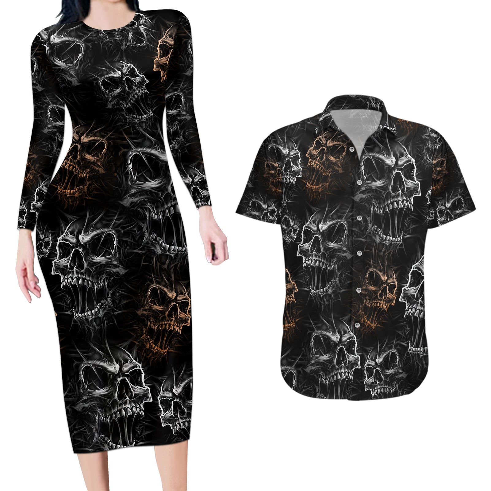 Skull Pattern Couples Matching Long Sleeve Bodycon Dress and Hawaiian Shirt Never Trust The Living - Wonder Print Shop