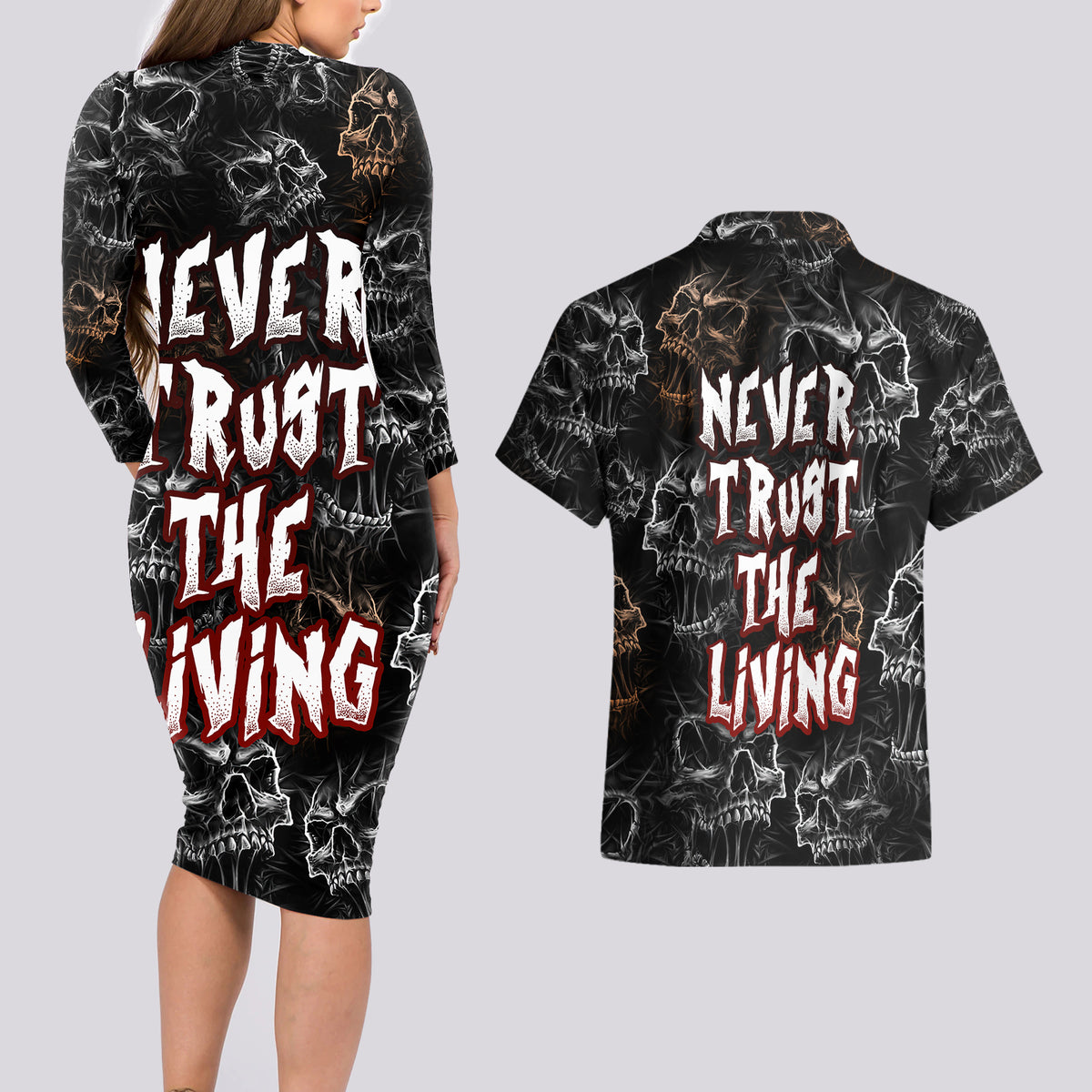Skull Pattern Couples Matching Long Sleeve Bodycon Dress and Hawaiian Shirt Never Trust The Living - Wonder Print Shop