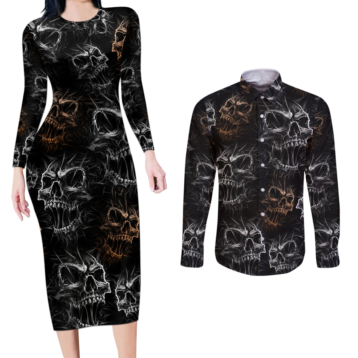 Skull Pattern Couples Matching Long Sleeve Bodycon Dress and Long Sleeve Button Shirts Never Trust The Living - Wonder Print Shop
