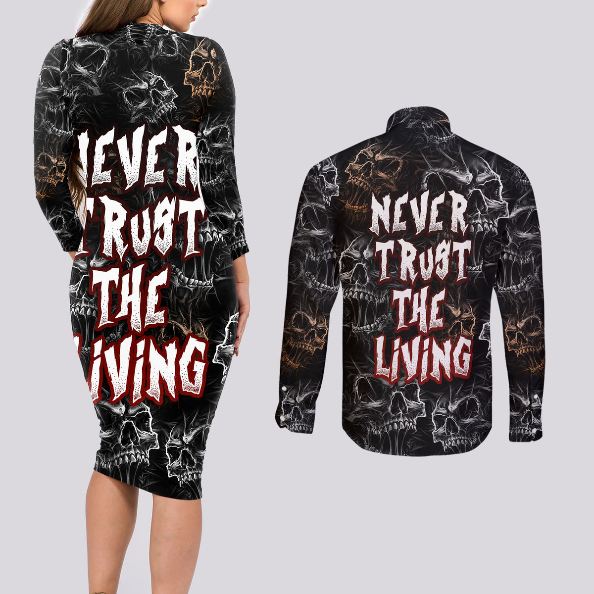 Skull Pattern Couples Matching Long Sleeve Bodycon Dress and Long Sleeve Button Shirts Never Trust The Living - Wonder Print Shop