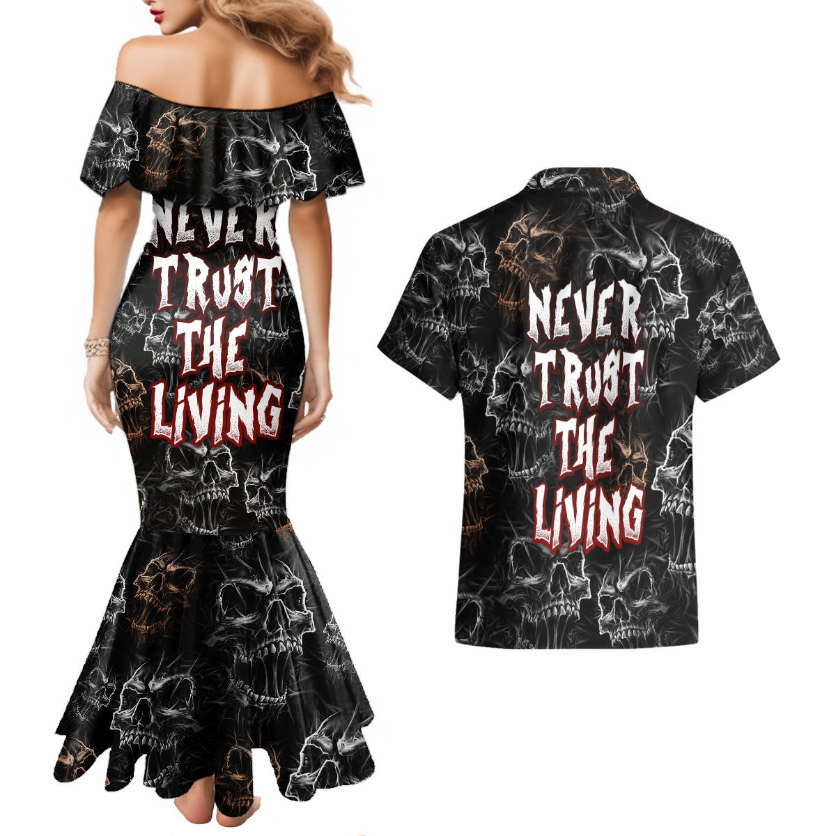 Skull Pattern Couples Matching Mermaid Dress and Hawaiian Shirt Never Trust The Living - Wonder Print Shop