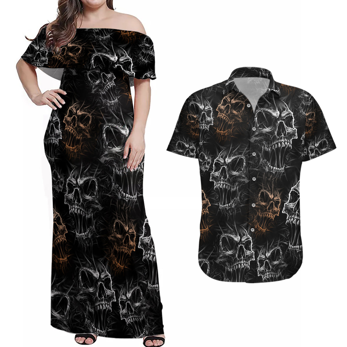 Skull Pattern Couples Matching Off Shoulder Maxi Dress and Hawaiian Shirt Never Trust The Living - Wonder Print Shop