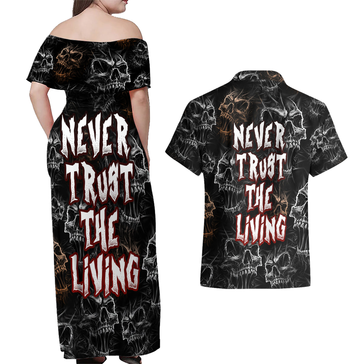 Skull Pattern Couples Matching Off Shoulder Maxi Dress and Hawaiian Shirt Never Trust The Living - Wonder Print Shop