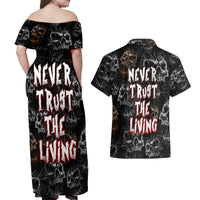 Skull Pattern Couples Matching Off Shoulder Maxi Dress and Hawaiian Shirt Never Trust The Living - Wonder Print Shop