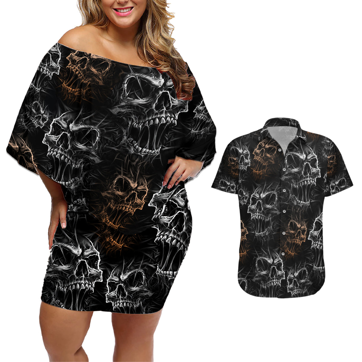 Skull Pattern Couples Matching Off Shoulder Short Dress and Hawaiian Shirt Never Trust The Living - Wonder Print Shop