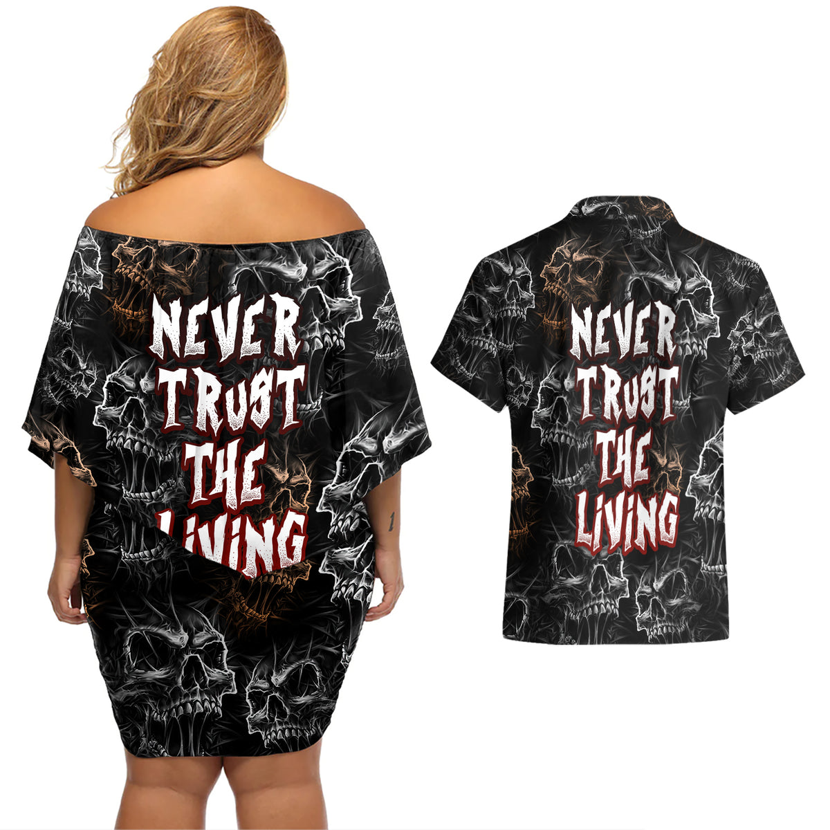 Skull Pattern Couples Matching Off Shoulder Short Dress and Hawaiian Shirt Never Trust The Living - Wonder Print Shop