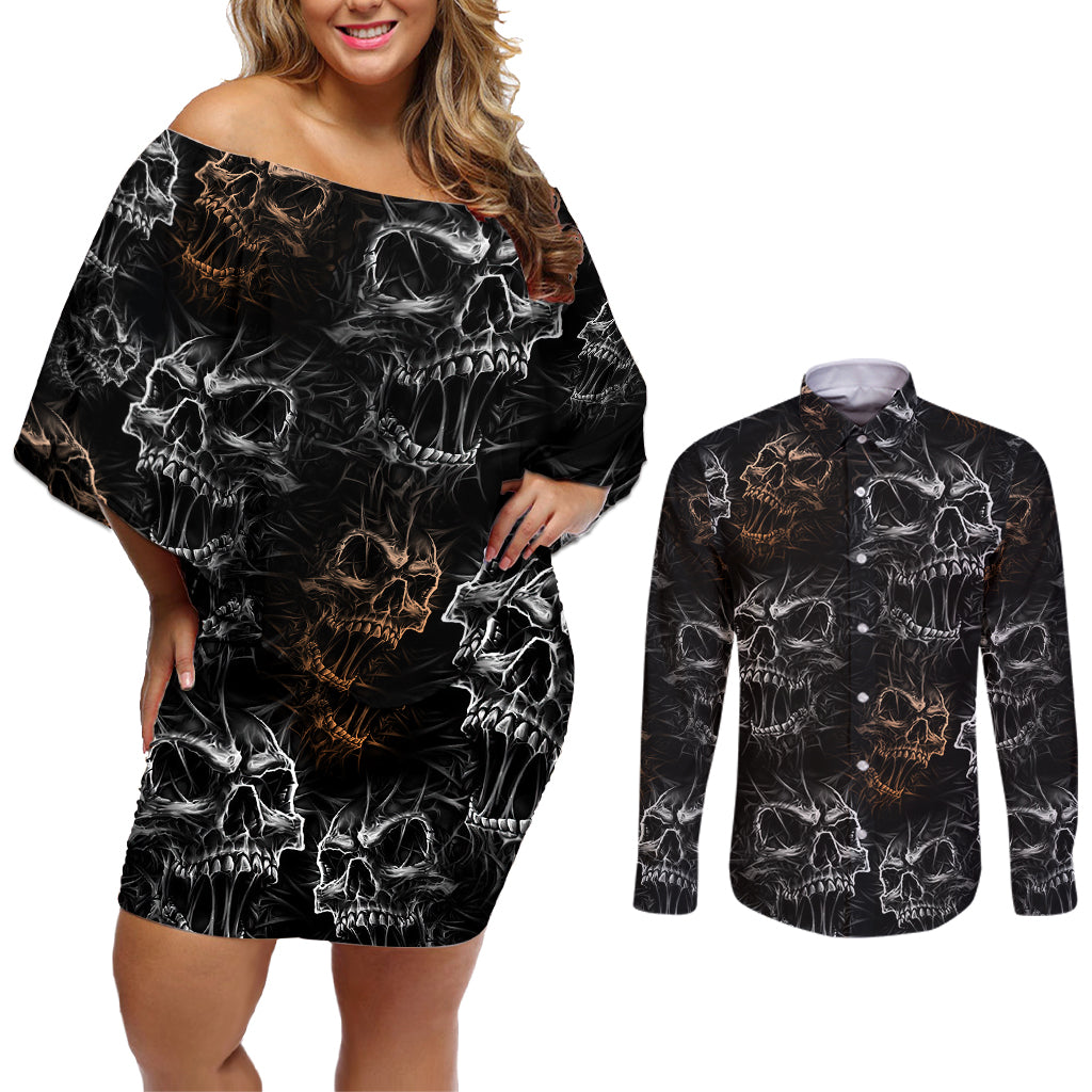 Skull Pattern Couples Matching Off Shoulder Short Dress and Long Sleeve Button Shirts Never Trust The Living - Wonder Print Shop