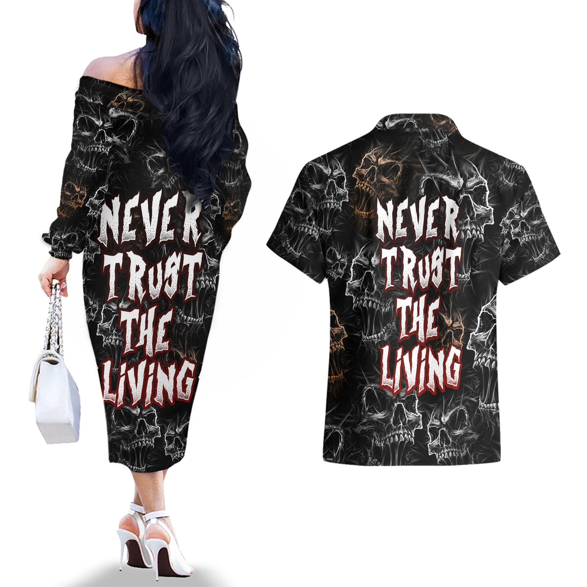 Skull Pattern Couples Matching Off The Shoulder Long Sleeve Dress and Hawaiian Shirt Never Trust The Living - Wonder Print Shop