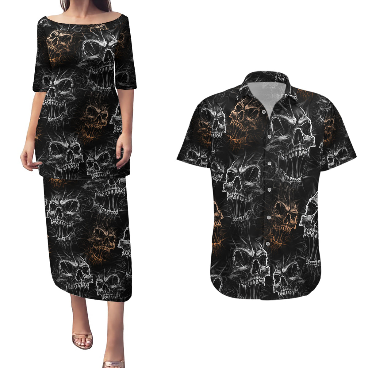 Skull Pattern Couples Matching Puletasi Dress and Hawaiian Shirt Never Trust The Living - Wonder Print Shop