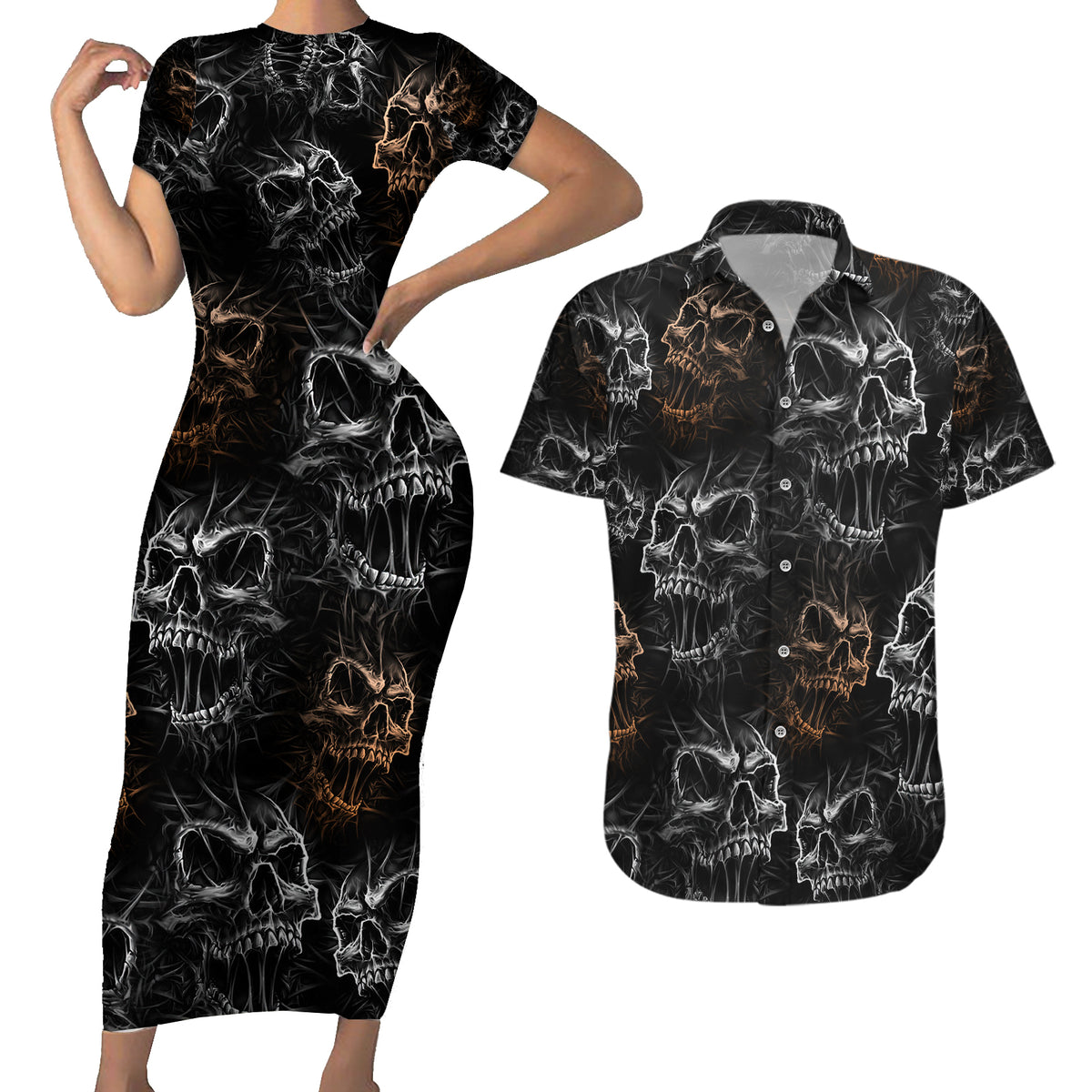 Skull Pattern Couples Matching Short Sleeve Bodycon Dress and Hawaiian Shirt Never Trust The Living - Wonder Print Shop