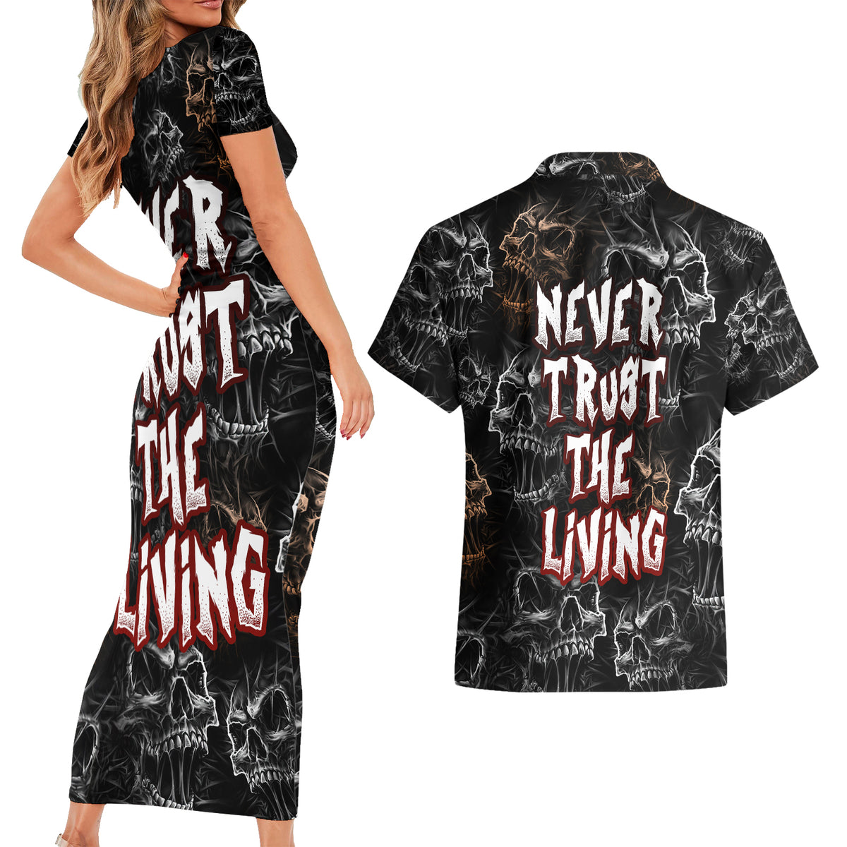 Skull Pattern Couples Matching Short Sleeve Bodycon Dress and Hawaiian Shirt Never Trust The Living - Wonder Print Shop