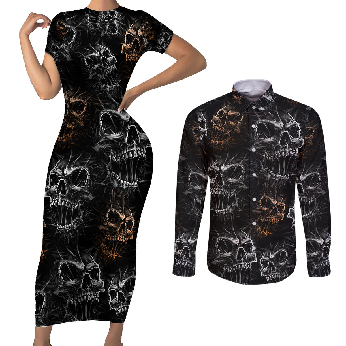 Skull Pattern Couples Matching Short Sleeve Bodycon Dress and Long Sleeve Button Shirts Never Trust The Living - Wonder Print Shop
