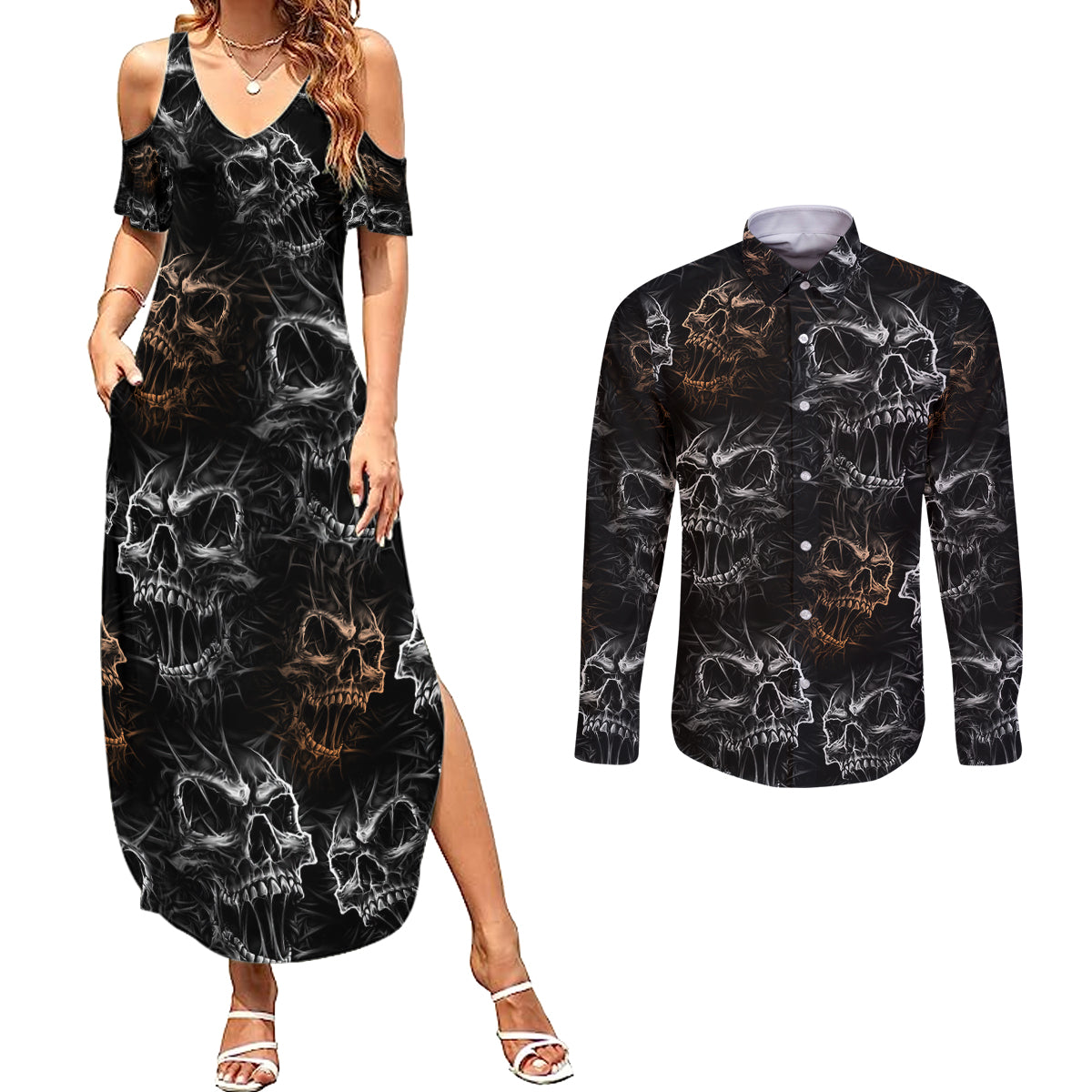 Skull Pattern Couples Matching Summer Maxi Dress and Long Sleeve Button Shirts Never Trust The Living - Wonder Print Shop