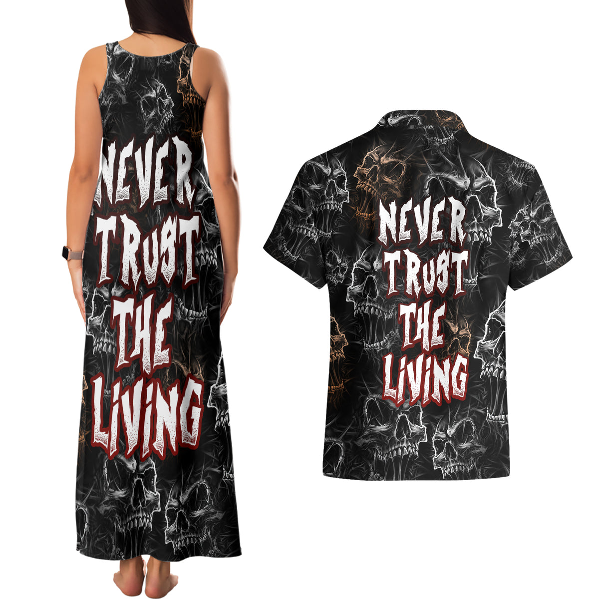 Skull Pattern Couples Matching Tank Maxi Dress and Hawaiian Shirt Never Trust The Living - Wonder Print Shop