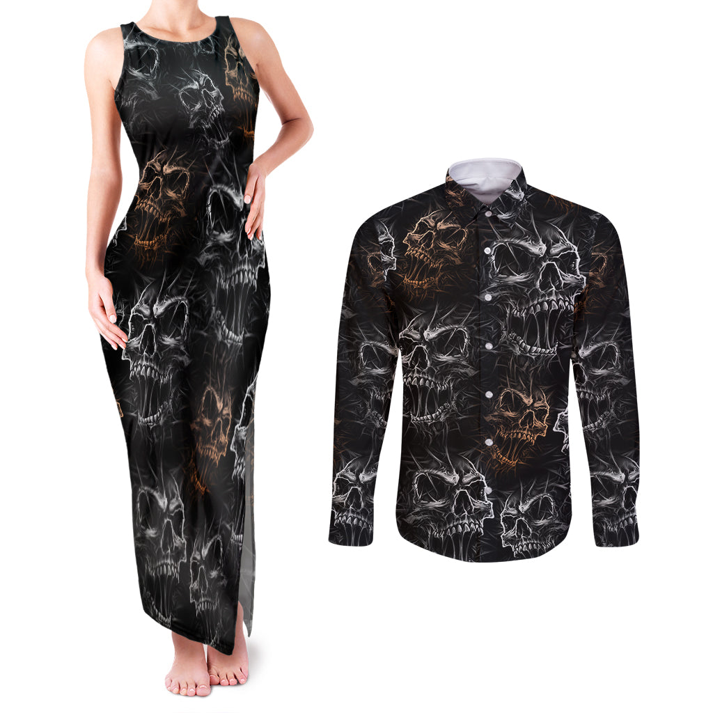 Skull Pattern Couples Matching Tank Maxi Dress and Long Sleeve Button Shirts Never Trust The Living - Wonder Print Shop